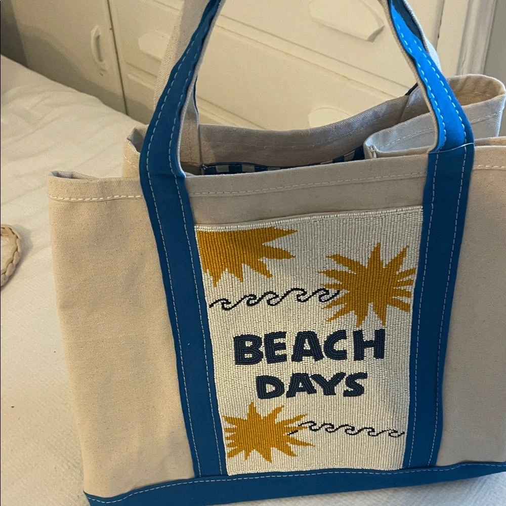 Canvas Tote Bag in Blue and Cream with 'Beach Days' Embroidery - Picture 1 of 3